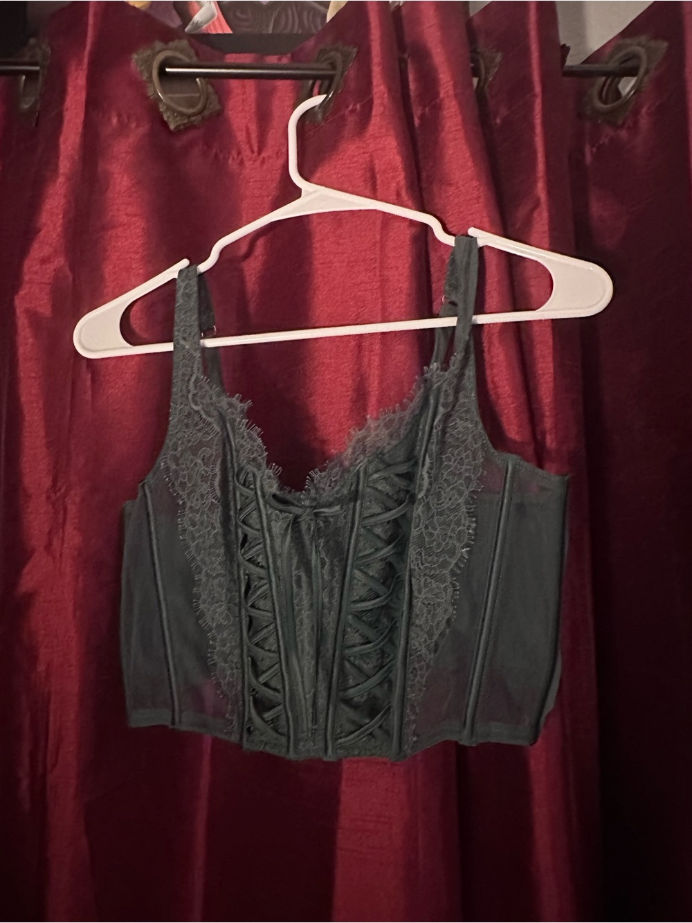 Lace-Trim Corset Crop Top - dark green